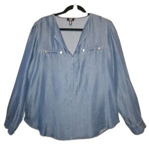 Jones New York Chambray Blouse Womens Large Long Sleeve Top V-Neck Shirt Pockets